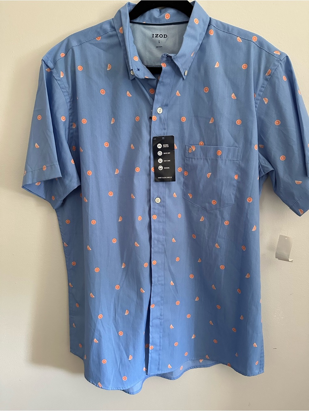 Izod Blue Short-Sleeve Button-Down Shirt with Coral Dot Print